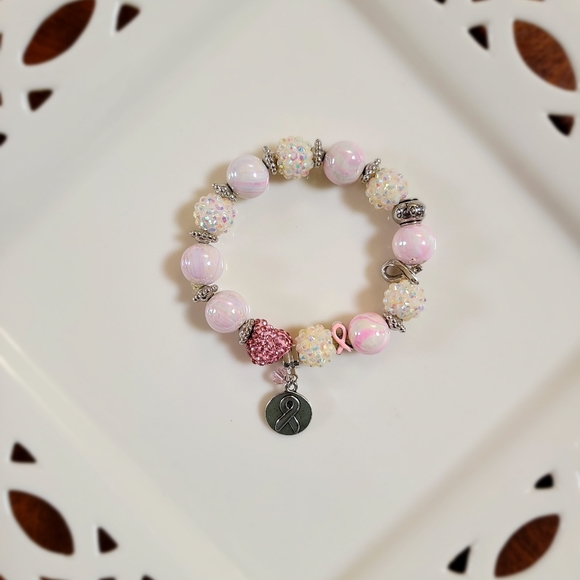 BREAST CANCER STRETCH BRACELET PINK & WHITE CRYSTAL BNIP - Picture 3 of 7